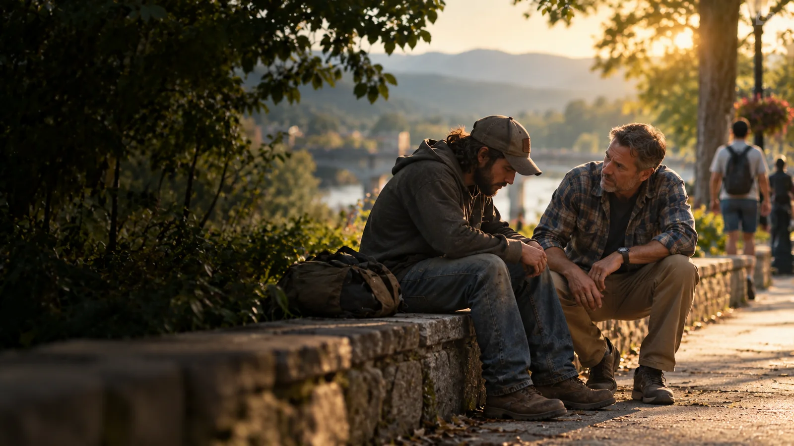 One person moving toward another with quiet attention and compassion